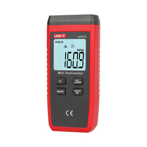 UNI-T UT373 Mini Digital Laser Tachometer – Non-Contact Photo RPM 10–99,999, ±(0.04%+2), Counting Mode, 50–200 mm, Backlit LCD, Pocket Size - a red handheld device with a black top and buttons labeled Power, Mode, R/C Laser, and Hold BL, showing 160.9 RPM on screen.
