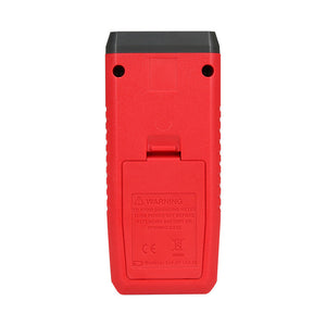 UNI-T UT373 Mini Digital Laser Tachometer – Non-Contact Photo RPM 10–99,999, ±(0.04%+2), Counting Mode, 50–200 mm, Backlit LCD, Pocket Size - rear view showing the red plastic casing, battery compartment cover, warning text, and two screw holes.