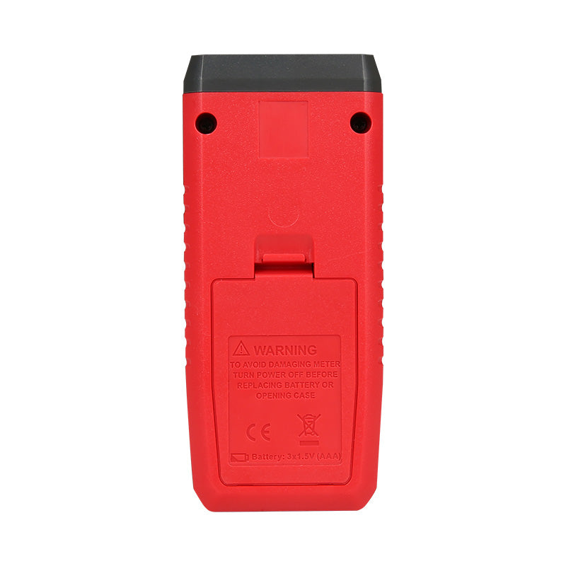 UNI-T UT373 Mini Digital Laser Tachometer – Non-Contact Photo RPM 10–99,999, ±(0.04%+2), Counting Mode, 50–200 mm, Backlit LCD, Pocket Size - rear view showing the red plastic casing, battery compartment cover, warning text, and two screw holes.