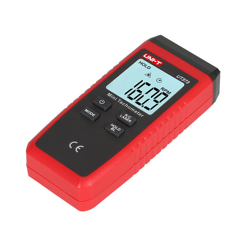 UNI-T UT373 Mini Digital Laser Tachometer – Non-Contact Photo RPM 10–99,999, ±(0.04%+2), Counting Mode, 50–200 mm, Backlit LCD, Pocket Size - a red handheld device with a black control panel, backlit LCD showing 1679 RPM, and buttons for power, mode, laser, and hold.