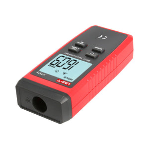 UNI-T UT373 Mini Digital Laser Tachometer – Non-Contact Photo RPM 10–99,999, ±(0.04%+2), Counting Mode, 50–200 mm, Backlit LCD, Pocket Size - a red and black handheld device with a front laser sensor, a backlit LCD showing 1679 RPM, and top control buttons.