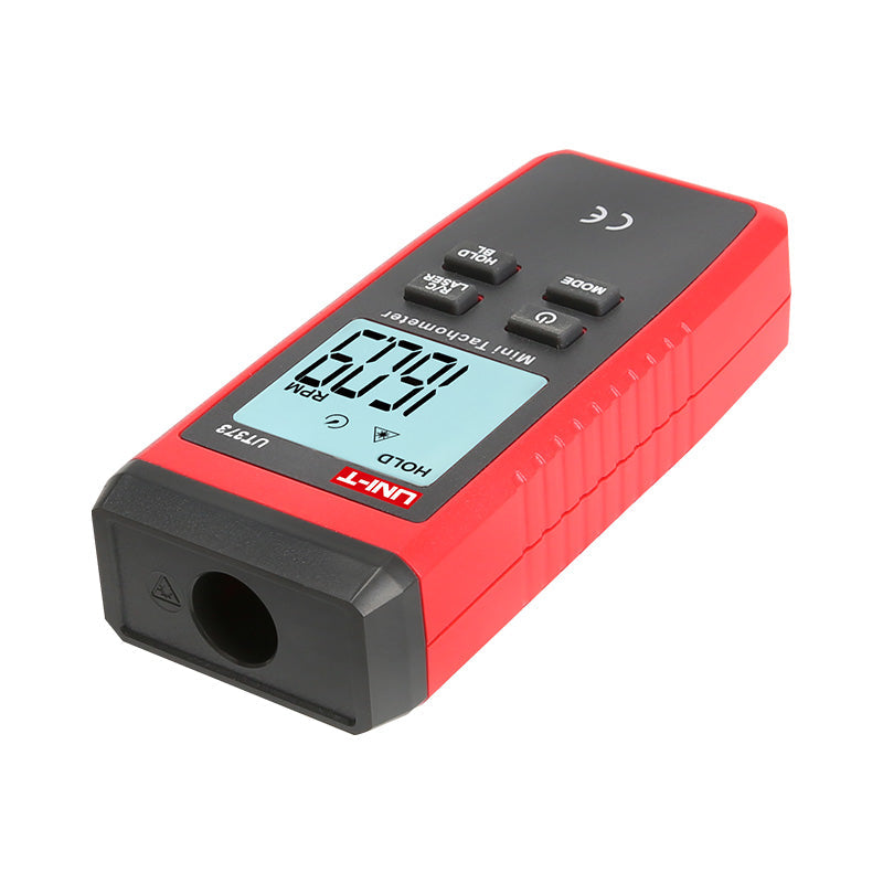 UNI-T UT373 Mini Digital Laser Tachometer – Non-Contact Photo RPM 10–99,999, ±(0.04%+2), Counting Mode, 50–200 mm, Backlit LCD, Pocket Size - a red and black handheld device with a front laser sensor, a backlit LCD showing 1679 RPM, and top control buttons.