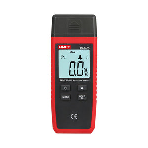 UNI-T UT377A Wood Moisture Meter – Pin-Type, 2–40%, ±2%, 4 Wood Categories, Temperature Correction, Backlit LCD, Firewood & Timber Damp Tester - a digital display showing 0.0%, four buttons, and a protective cap on the top.
