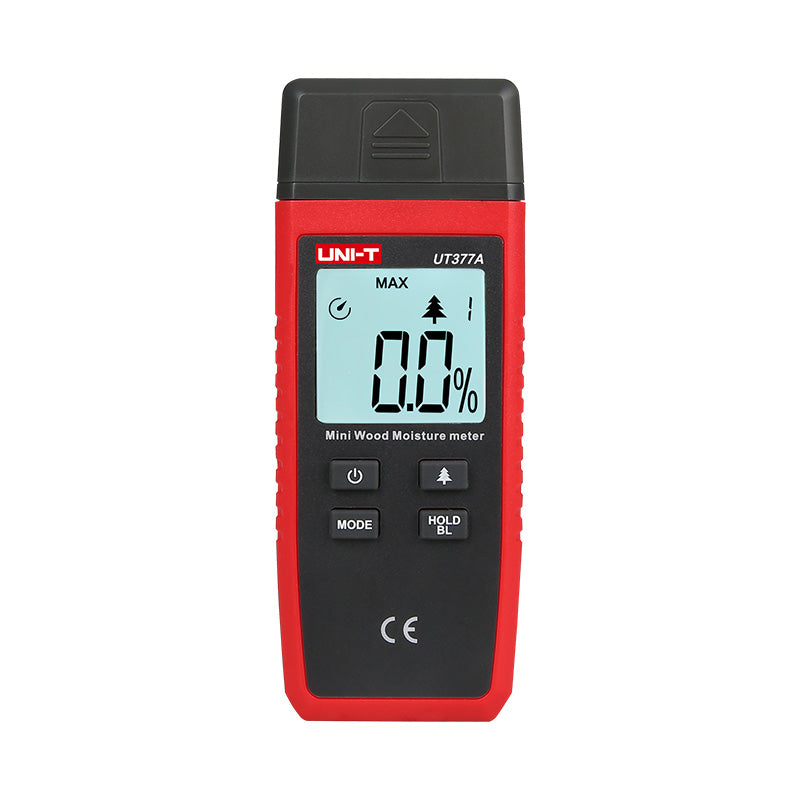 UNI-T UT377A Wood Moisture Meter – Pin-Type, 2–40%, ±2%, 4 Wood Categories, Temperature Correction, Backlit LCD, Firewood & Timber Damp Tester - a digital display showing 0.0%, four buttons, and a protective cap on the top.