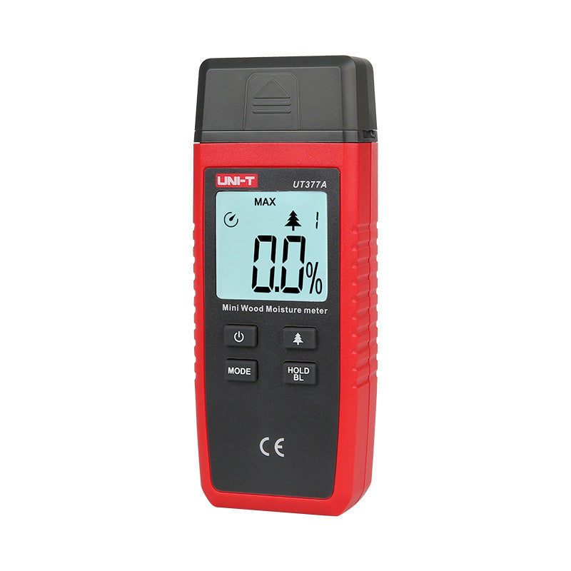 UNI-T UT377A Wood Moisture Meter – Pin-Type, 2–40%, ±2%, 4 Wood Categories, Temperature Correction, Backlit LCD, Firewood & Timber Damp Tester - a red and black handheld device with a digital display showing 0.0%, four buttons, and a protective top cover.