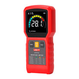 UNI-T UT377C Pinless Moisture Meter – Non-Destructive, Softwood / Hardwood / Drywall / Masonry, 50×50 mm Sensor, EBTN Colour Screen, Temp, Flashlight - a red handheld device with a digital display showing 28.1%, three buttons, and a material reference chart.