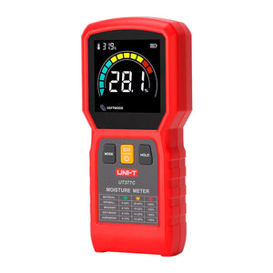 UNI-T UT377C Pinless Moisture Meter – Non-Destructive, Softwood / Hardwood / Drywall / Masonry, 50×50 mm Sensor, EBTN Colour Screen, Temp, Flashlight - a red handheld device with a digital display showing 28.1%, three buttons, and a material reference chart.