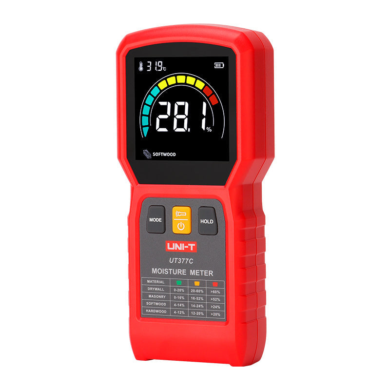 UNI-T UT377C Pinless Moisture Meter – Non-Destructive, Softwood / Hardwood / Drywall / Masonry, 50×50 mm Sensor, EBTN Colour Screen, Temp, Flashlight - a red handheld device with a digital display showing 28.1%, three buttons, and a material reference chart.