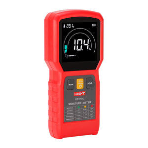 UNI-T UT377C Pinless Moisture Meter – Non-Destructive, Softwood / Hardwood / Drywall / Masonry, 50×50 mm Sensor, EBTN Colour Screen, Temp, Flashlight - a digital display reading 10.4%, a material reference chart, and three buttons on the front panel.