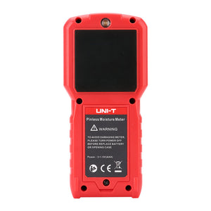 UNI-T UT377C Pinless Moisture Meter – Non-Destructive, Softwood / Hardwood / Drywall / Masonry, 50×50 mm Sensor, EBTN Colour Screen, Temp, Flashlight - a red plastic casing, a black sensor area, and a warning label with battery and power information.