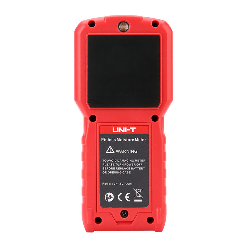 UNI-T UT377C Pinless Moisture Meter – Non-Destructive, Softwood / Hardwood / Drywall / Masonry, 50×50 mm Sensor, EBTN Colour Screen, Temp, Flashlight - a red plastic casing, a black sensor area, and a warning label with battery and power information.