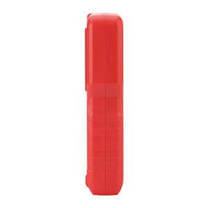 UNI-T UT377C Pinless Moisture Meter – Non-Destructive, Softwood / Hardwood / Drywall / Masonry, 50×50 mm Sensor, EBTN Colour Screen, Temp, Flashlight - a side-view of the bright red, rectangular handheld device showing its textured grip and smooth casing.