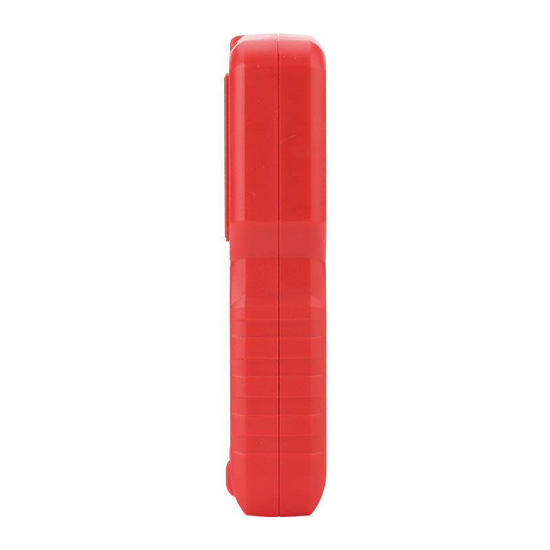 UNI-T UT377C Pinless Moisture Meter – Non-Destructive, Softwood / Hardwood / Drywall / Masonry, 50×50 mm Sensor, EBTN Colour Screen, Temp, Flashlight - a side-view of the bright red, rectangular handheld device showing its textured grip and smooth casing.