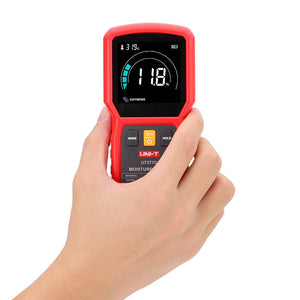 UNI-T UT377C Pinless Moisture Meter – Non-Destructive, Softwood / Hardwood / Drywall / Masonry, 50×50 mm Sensor, EBTN Colour Screen, Temp, Flashlight - held in a hand, featuring a red casing, three front buttons, and an EBTN screen displaying 11.8% moisture and 31.9°C.