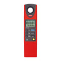 UNI-T UT381 Illuminance / Lux Meter – 20~20,000 Lux, ±3%, Lux and Fc, Auto Range, 2044-Set Data Logging, Real-Time Clock - a red, handheld device with a circular sensor at the top, an LCD screen, and six control buttons on the front panel.