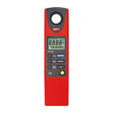 UNI-T UT381 Illuminance / Lux Meter – 20~20,000 Lux, ±3%, Lux and Fc, Auto Range, 2044-Set Data Logging, Real-Time Clock - a red, handheld device with a circular sensor at the top, an LCD screen, and six control buttons on the front panel.