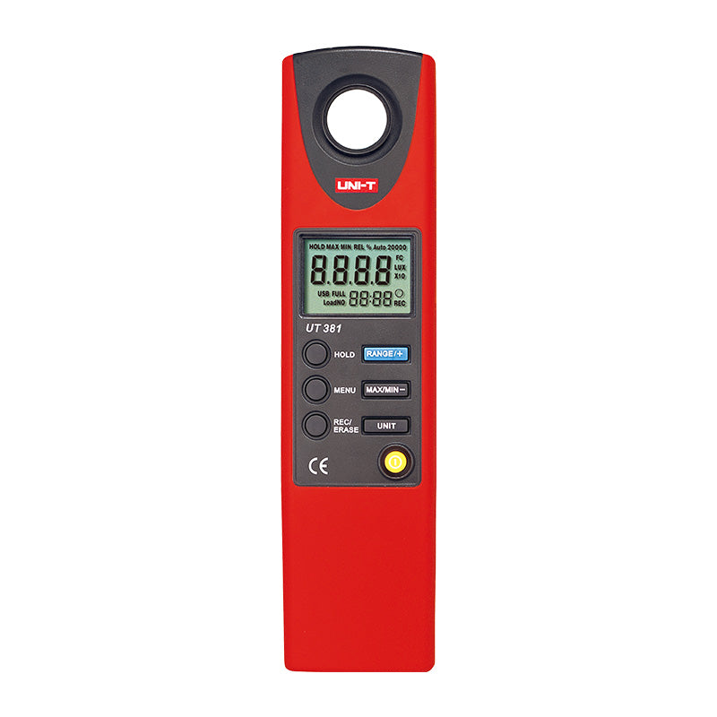 UNI-T UT381 Illuminance / Lux Meter – 20~20,000 Lux, ±3%, Lux and Fc, Auto Range, 2044-Set Data Logging, Real-Time Clock - a red, handheld device with a circular sensor at the top, an LCD screen, and six control buttons on the front panel.