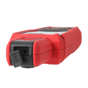 UNI-T UT381PV Solar Irradiance Meter – 0–1400 W/m², Inclination & Azimuth, Temperature, Bluetooth App, IP65, PV Solar Panel Installation Tester - shown from a low angle, highlighting its red and black casing and a 3.5mm port with an open rubber cover.