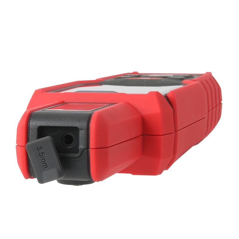 UNI-T UT381PV Solar Irradiance Meter – 0–1400 W/m², Inclination & Azimuth, Temperature, Bluetooth App, IP65, PV Solar Panel Installation Tester - shown from a low angle, highlighting its red and black casing and a 3.5mm port with an open rubber cover.