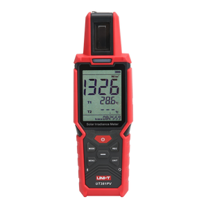 UNI-T UT381PV Solar Irradiance Meter – 0–1400 W/m², Inclination & Azimuth, Temperature, Bluetooth App, IP65, PV Solar Panel Installation Tester - a red handheld device showing 1326 W/m² and 28.6°C on its digital screen with buttons and a top sensor window.