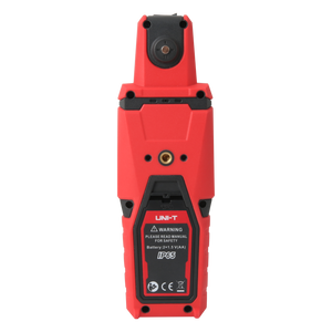 UNI-T UT381PV Solar Irradiance Meter – 0–1400 W/m², Inclination & Azimuth, Temperature, Bluetooth App, IP65, PV Solar Panel Installation Tester - a rear view of the red and black handheld device with a battery compartment and tripod mount.