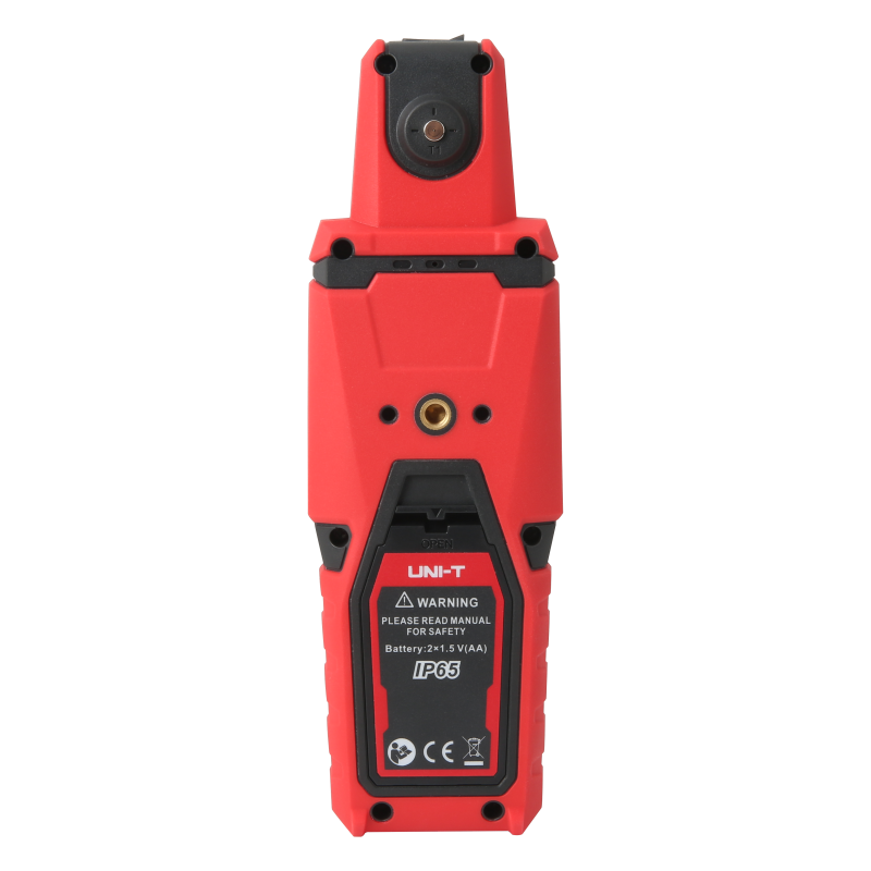 UNI-T UT381PV Solar Irradiance Meter – 0–1400 W/m², Inclination & Azimuth, Temperature, Bluetooth App, IP65, PV Solar Panel Installation Tester - a rear view of the red and black handheld device with a battery compartment and tripod mount.