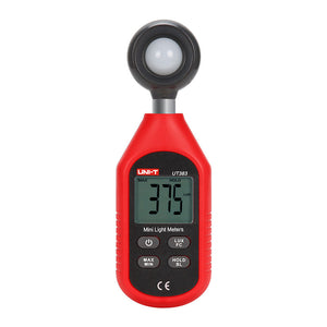 UNI-T UT383BT Bluetooth Mini Light Meter Lux Meter – 0–199,900 Lux / 0–18,500 FC, iENV App, ±(4%+8), MAX/MIN, Data Hold, Backlit LCD, Compact Illuminance Meter - a red handheld device with a top sensor, a digital display showing 375 LUX, and four buttons for power, unit, max/min, and hold.