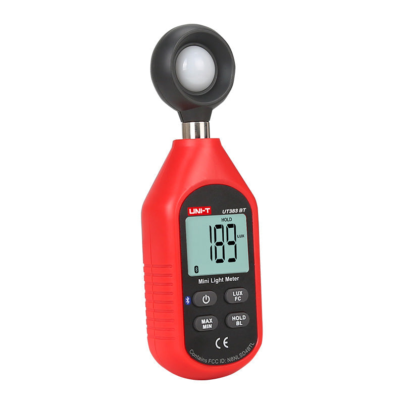 UNI-T UT383BT Bluetooth Mini Light Meter Lux Meter – 0–199,900 Lux / 0–18,500 FC, iENV App, ±(4%+8), MAX/MIN, Data Hold, Backlit LCD, Compact Illuminance Meter - a red handheld device with a top light sensor, a backlit display showing 189 LUX, and buttons for power, LUX/FC, and MAX/MIN.
