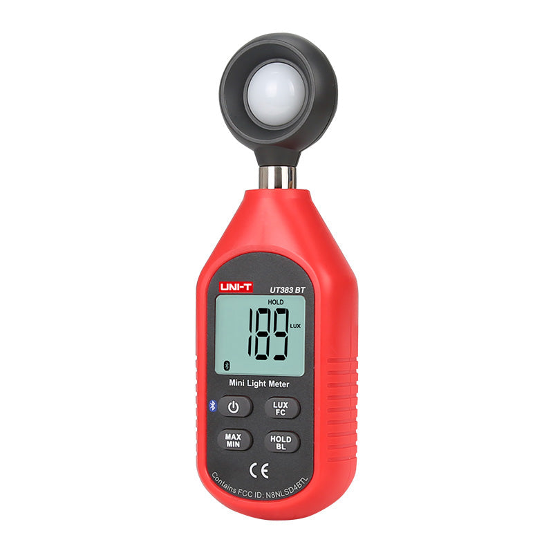 UNI-T UT383BT Bluetooth Mini Light Meter Lux Meter – 0–199,900 Lux / 0–18,500 FC, iENV App, ±(4%+8), MAX/MIN, Data Hold, Backlit LCD, Compact Illuminance Meter - a red handheld device with a top sensor, a backlit LCD showing 189 LUX, and four buttons on the front panel.