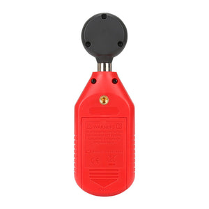 UNI-T UT383BT Bluetooth Mini Light Meter Lux Meter – 0–199,900 Lux / 0–18,500 FC, iENV App, ±(4%+8), MAX/MIN, Data Hold, Backlit LCD, Compact Illuminance Meter - rear view showing the red plastic casing, battery compartment cover, and circular sensor head with black screws.