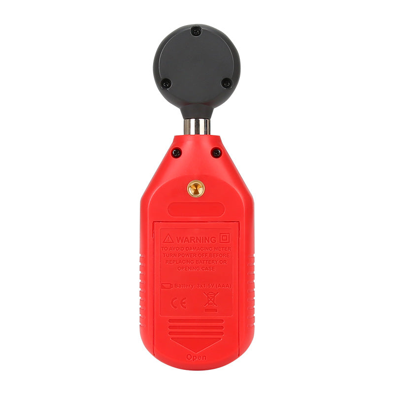 UNI-T UT383BT Bluetooth Mini Light Meter Lux Meter – 0–199,900 Lux / 0–18,500 FC, iENV App, ±(4%+8), MAX/MIN, Data Hold, Backlit LCD, Compact Illuminance Meter - rear view showing the red plastic casing, battery compartment cover, and circular sensor head with black screws.