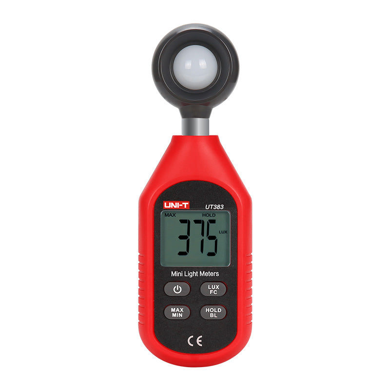 UNI-T UT383S Mini Light Meter – 0~199,900 Lux (0~18,500 Fc), ±4%, MAX/MIN, Data Hold, Pocket Lux Meter - a red handheld device with a round sensor head, digital display showing 375 LUX, and four control buttons.