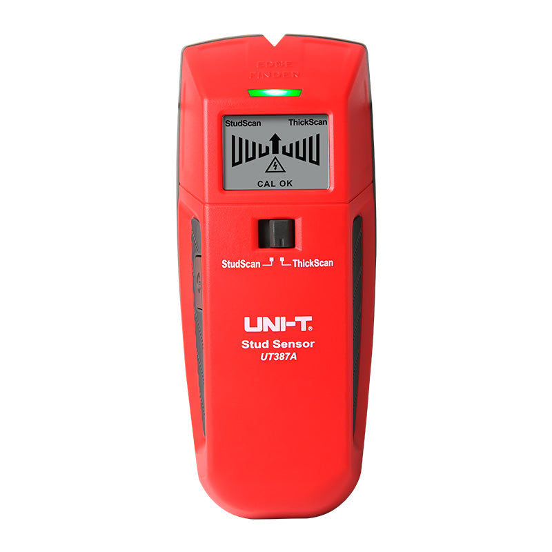UNI-T UT387A Wall Scanner Stud Finder – StudScan & ThickScan, Wood / Metal / Live AC Wire Detection, LED & Buzzer, Behind-Wall Detector - handheld device with a central mode switch, a digital display showing "CAL OK" and an arrow icon, and a green LED.