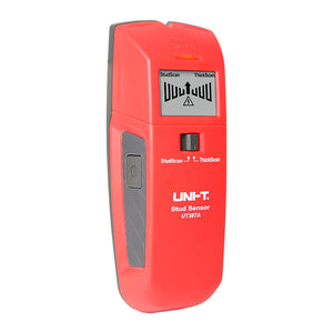 UNI-T UT387A Wall Scanner Stud Finder – StudScan & ThickScan, Wood / Metal / Live AC Wire Detection, LED & Buzzer, Behind-Wall Detector - handheld device with a side power button, a mode switch, and an LCD screen displaying a signal strength icon.
