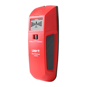 UNI-T UT387A Wall Scanner Stud Finder – StudScan & ThickScan, Wood / Metal / Live AC Wire Detection, LED & Buzzer, Behind-Wall Detector - handheld device with a black side grip, a mode selection switch, and a digital display showing a signal indicator.