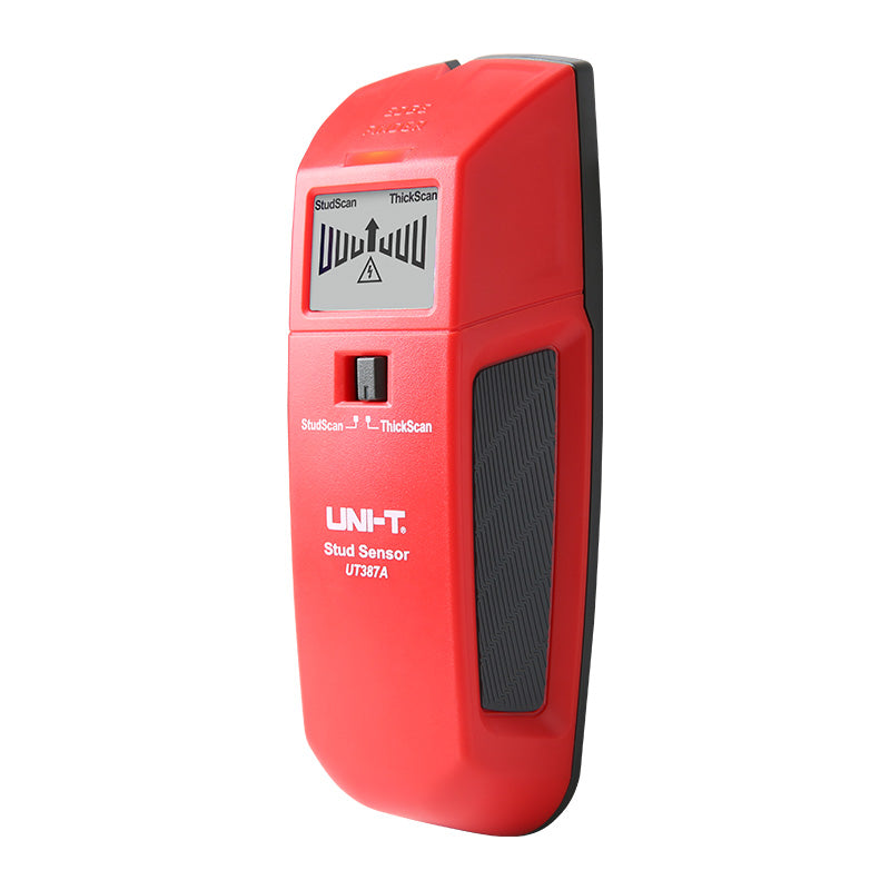 UNI-T UT387A Wall Scanner Stud Finder – StudScan & ThickScan, Wood / Metal / Live AC Wire Detection, LED & Buzzer, Behind-Wall Detector - handheld device with a black side grip, a mode selection switch, and a digital display showing a signal indicator.