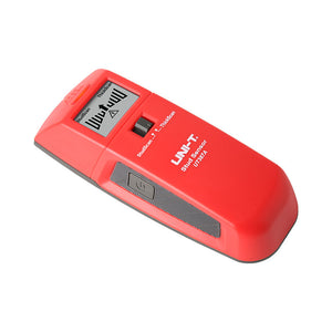 UNI-T UT387A Wall Scanner Stud Finder – StudScan & ThickScan, Wood / Metal / Live AC Wire Detection, LED & Buzzer, Behind-Wall Detector - handheld device with a power button, a mode selection switch, and an LCD screen displaying icons and a bar graph.