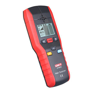 UNI-T UT387B Wall Scanner Stud Finder – Deep ThickScan to 80 mm, Wood / Metal / Live AC Wire Detection, StudScan, LED & Buzzer, Behind-Wall Detector - and black handheld device with a digital display, five control buttons, and a central detection indicator.