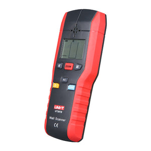 UNI-T UT387B Wall Scanner Stud Finder – Deep ThickScan to 80 mm, Wood / Metal / Live AC Wire Detection, StudScan, LED & Buzzer, Behind-Wall Detector - and black handheld device with a digital display, buttons labeled Zoom, AC, and Sound, and a central targeting mark.