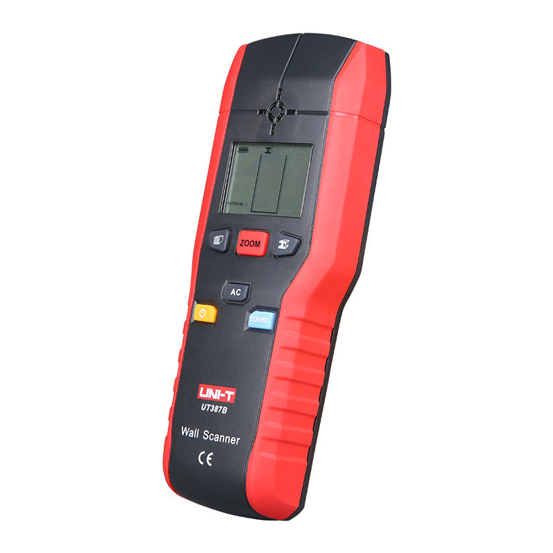 UNI-T UT387B Wall Scanner Stud Finder – Deep ThickScan to 80 mm, Wood / Metal / Live AC Wire Detection, StudScan, LED & Buzzer, Behind-Wall Detector - and black handheld device with a digital display, buttons labeled Zoom, AC, and Sound, and a central targeting mark.