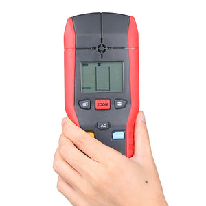UNI-T UT387B Wall Scanner Stud Finder – Deep ThickScan to 80 mm, Wood / Metal / Live AC Wire Detection, StudScan, LED & Buzzer, Behind-Wall Detector - held in a hand, featuring a red and grey casing, a digital display showing a battery icon, and buttons labeled Zoom, AC, and Sound.