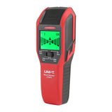 UNI-T UT387C Wall Scanner Detector – Electromagnetic, Metal 76 mm / Stud / Live Wire, Voice + LED & Buzzer, Deep Wooden Beam & Rebar Finder - a red and black handheld device with a green LCD screen showing a center-finder icon, AC warning, and mode selection switch.