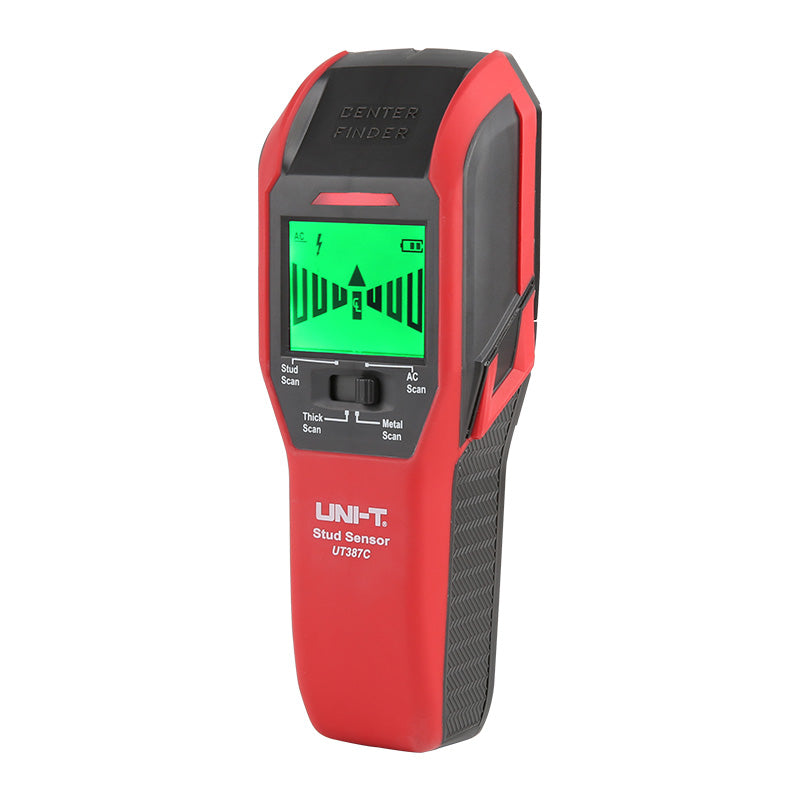 UNI-T UT387C Wall Scanner Detector – Electromagnetic, Metal 76 mm / Stud / Live Wire, Voice + LED & Buzzer, Deep Wooden Beam & Rebar Finder - a red and black handheld device with a green LCD screen showing a center-finder icon, AC warning, and mode selection switch.