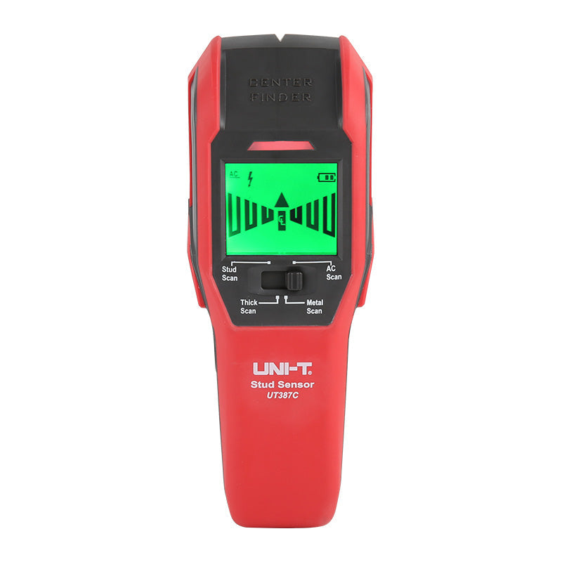 UNI-T UT387C Wall Scanner Detector – Electromagnetic, Metal 76 mm / Stud / Live Wire, Voice + LED & Buzzer, Deep Wooden Beam & Rebar Finder - a red handheld device with a central mode switch, a green backlit screen showing an AC icon and signal bars.