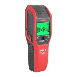 UNI-T UT387C Wall Scanner Detector – Electromagnetic, Metal 76 mm / Stud / Live Wire, Voice + LED & Buzzer, Deep Wooden Beam & Rebar Finder - a red and black handheld device with a green digital display showing signal bars and an AC power icon above a mode switch.