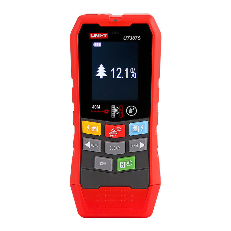 UNI-T UT387S Wall Scanner – Metal to 100 mm, Live AC Wire to 40 mm, 40 m Laser Distance, Wood Moisture 6~40%, 2.4in Colour Screen, Voice Broadcast - red and black, featuring a 2.4-inch color screen showing 12.1% and various buttons including menu, clear, and power.