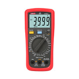 UNI-T UT39C+ Digital Multimeter – 4000 Count, AC/DC 1000V, 10A, Capacitance, Temperature, hFE, NCV, Diode, CAT II 1000V / CAT III 600V - a red handheld device with a central rotary dial, yellow and blue buttons, input ports, and a screen showing 3999.