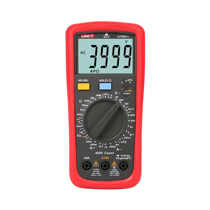 UNI-T UT39C+ Digital Multimeter – 4000 Count, AC/DC 1000V, 10A, Capacitance, Temperature, hFE, NCV, Diode, CAT II 1000V / CAT III 600V - a red handheld device with a central rotary dial, yellow and blue buttons, input ports, and a screen showing 3999.