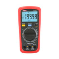 UNI-T UT39E+ High-Resolution Digital Multimeter – 20000 Count, AC/DC 1000V, 20A, High Accuracy 0.05%, Capacitance, NCV, hFE, CAT II 1000V / CAT III 600V - in a red protective case, featuring a central rotary dial, control buttons, input ports, and a screen displaying 199.99.