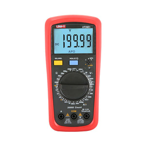 UNI-T UT39E+ High-Resolution Digital Multimeter – 20000 Count, AC/DC 1000V, 20A, High Accuracy 0.05%, Capacitance, NCV, hFE, CAT II 1000V / CAT III 600V - in a red protective case, featuring a central rotary dial, control buttons, input ports, and a screen displaying 199.99.